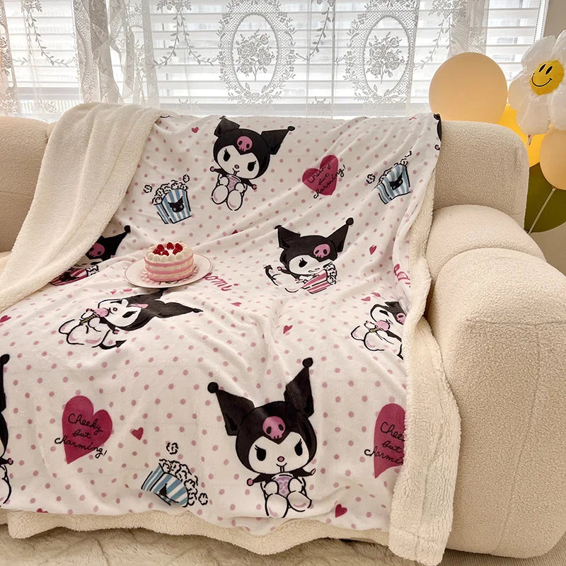 Sanrio Lamb Wool Plush Kids Blanket Hello Kitty My Melody Kuromi Cinnamoroll Cartoon Warm Throw Blanket for Sofa or Bedroom Decor Gift