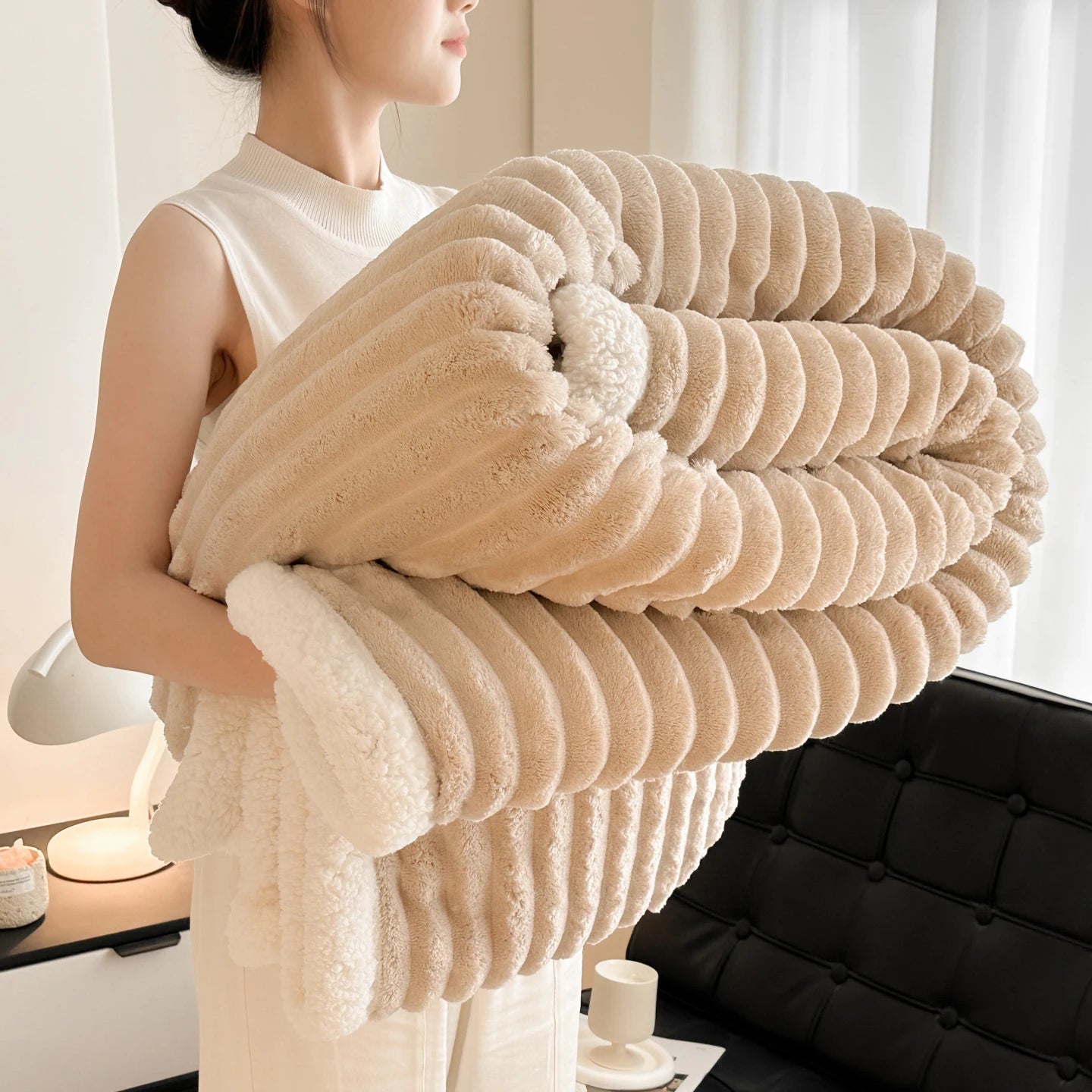 Cozy Fluffy Coral Fleece Blanket Thick Warm Striped Soft Plush Throw Blanket for Sofa or Queen Bed