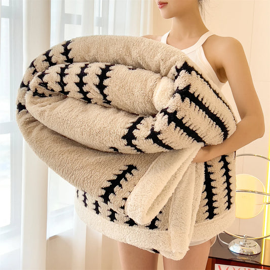 Fluffy Soft Plush Blanket for Winter Warm Thick Fleece Throw Blanket with Geometric Striped Design for Sofa or Bed