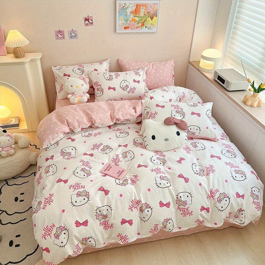 Hello Kitty Pink Duvet Cover Cute Cartoon Pattern Soft Tear Resistant Polyester Bedding Set Suitable for Gift Giving