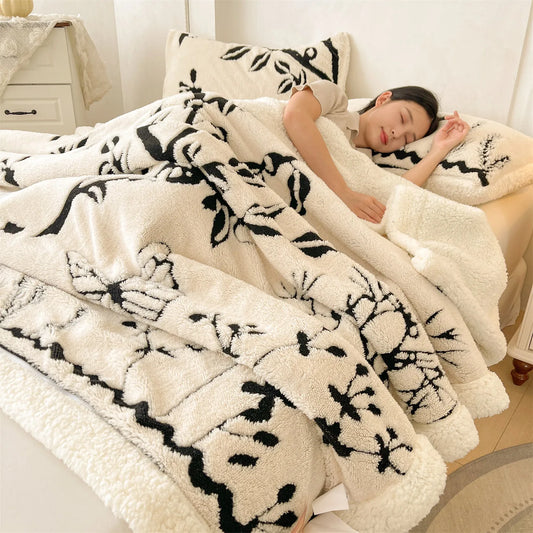 Nordic Style Floral Jacquard Fleece Blanket Soft Warm Imitation Lambswool Throw Blanket for Sofa or Bed